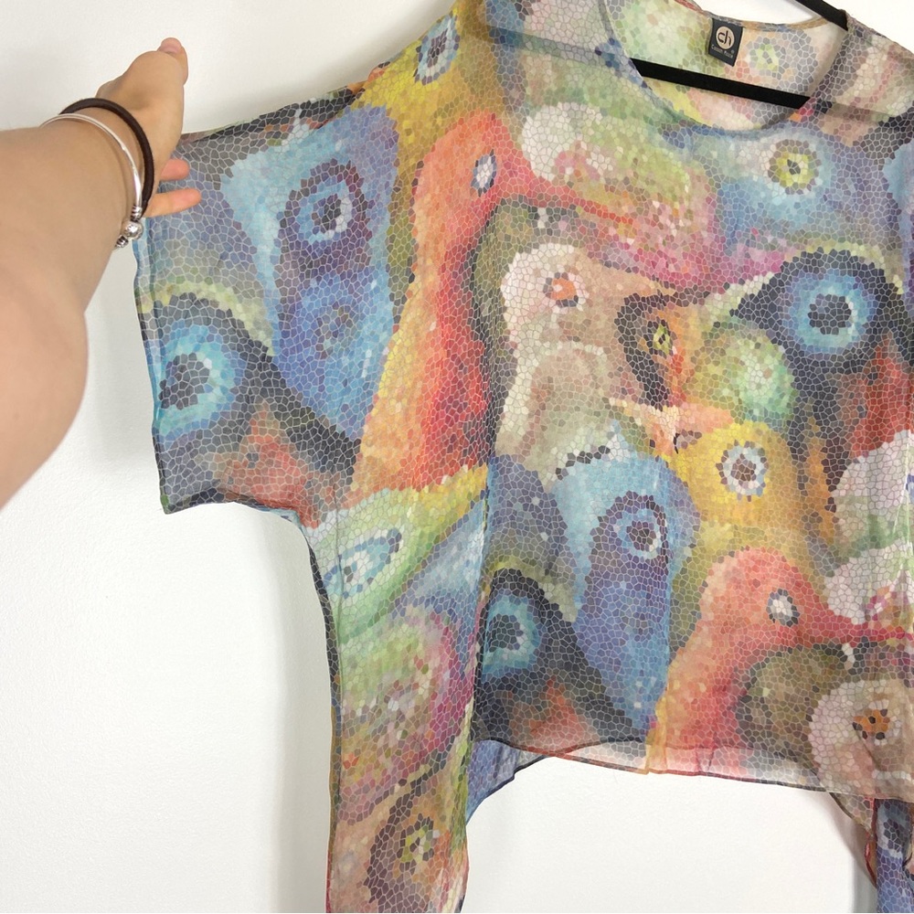 100% Silk  Abstract Art-to-Wear – Boho Feminine Sheer Vacation Summer Top - Picture 5 of 14